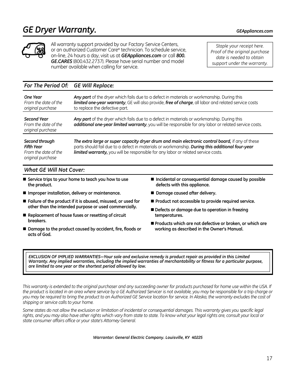 Ge dryer warranty | GE GTDS825GDMC User Manual | Page 17 / 36