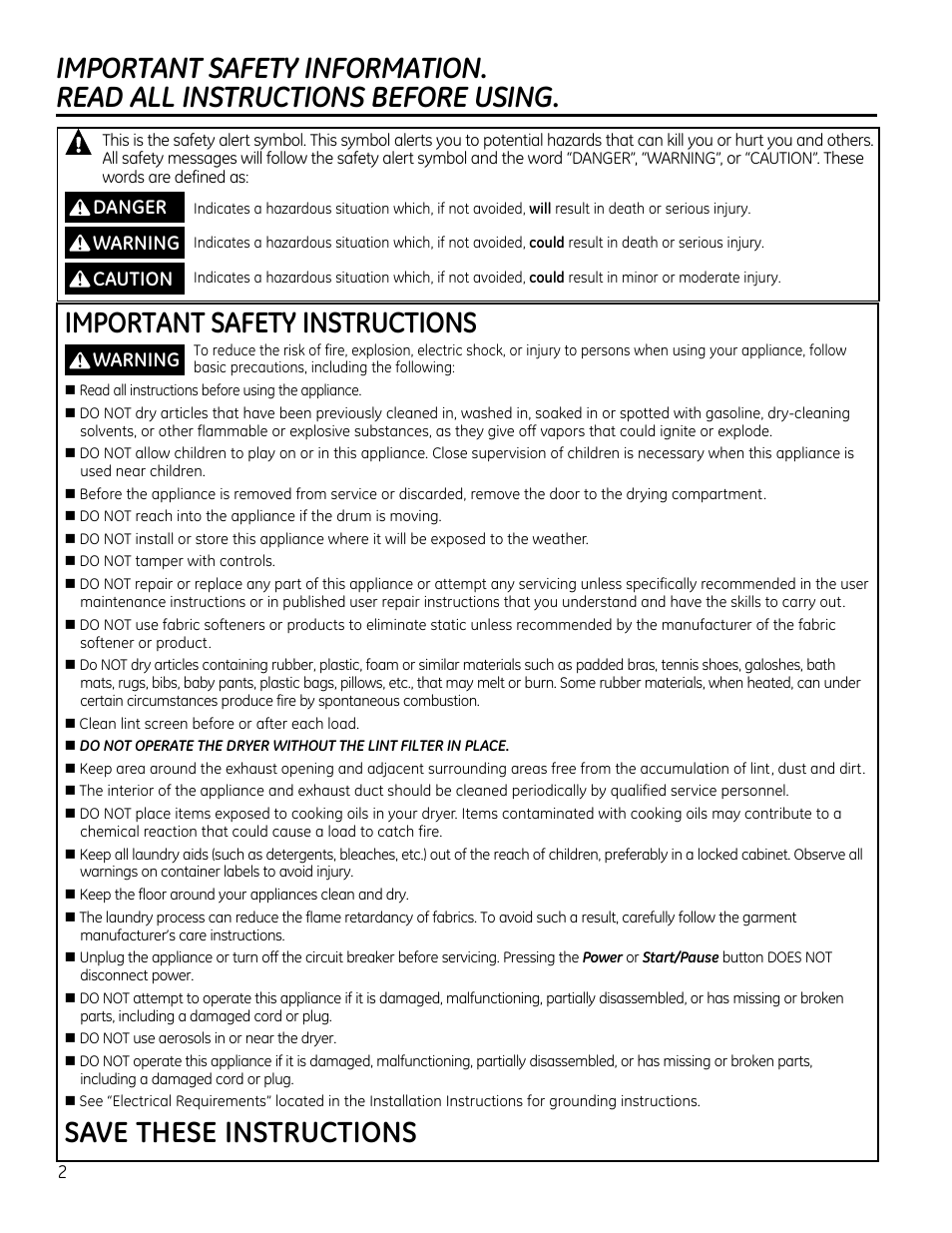 Important safety instructions, Save these instructions, Danger warning caution | Warning | GE GTDS825GDMC User Manual | Page 2 / 36