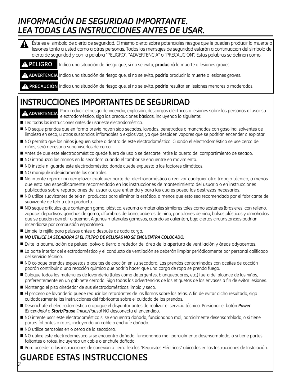 Instrucciones importantes de seguridad, Guarde estas instrucciones, Peligro | GE GTDS825GDMC User Manual | Page 20 / 36