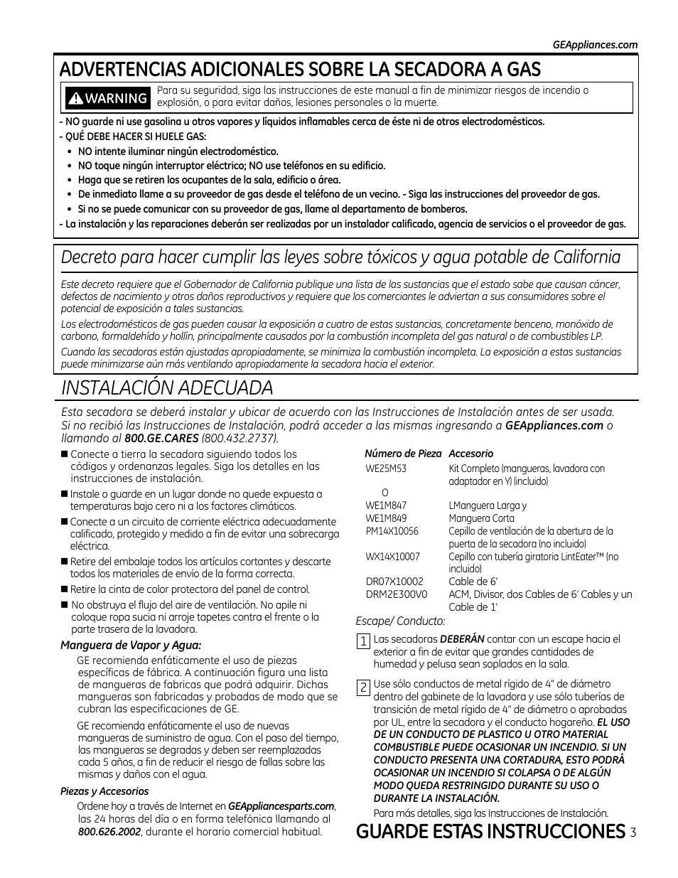 Guarde estas instrucciones, Advertencias adicionales sobre la secadora a gas, Instalación adecuada | GE GTDS825GDMC User Manual | Page 21 / 36