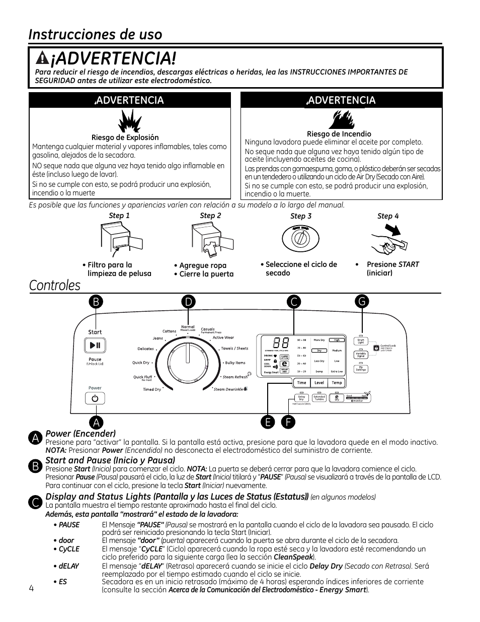 Advertencia, Instrucciones de uso, Controles | GE GTDS825GDMC User Manual | Page 22 / 36