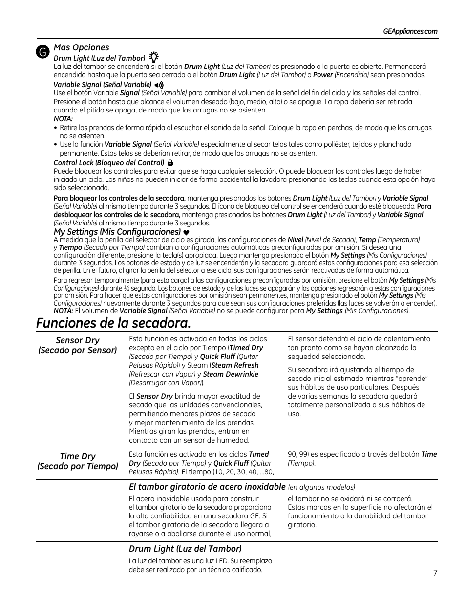 Funciones de la secadora | GE GTDS825GDMC User Manual | Page 25 / 36