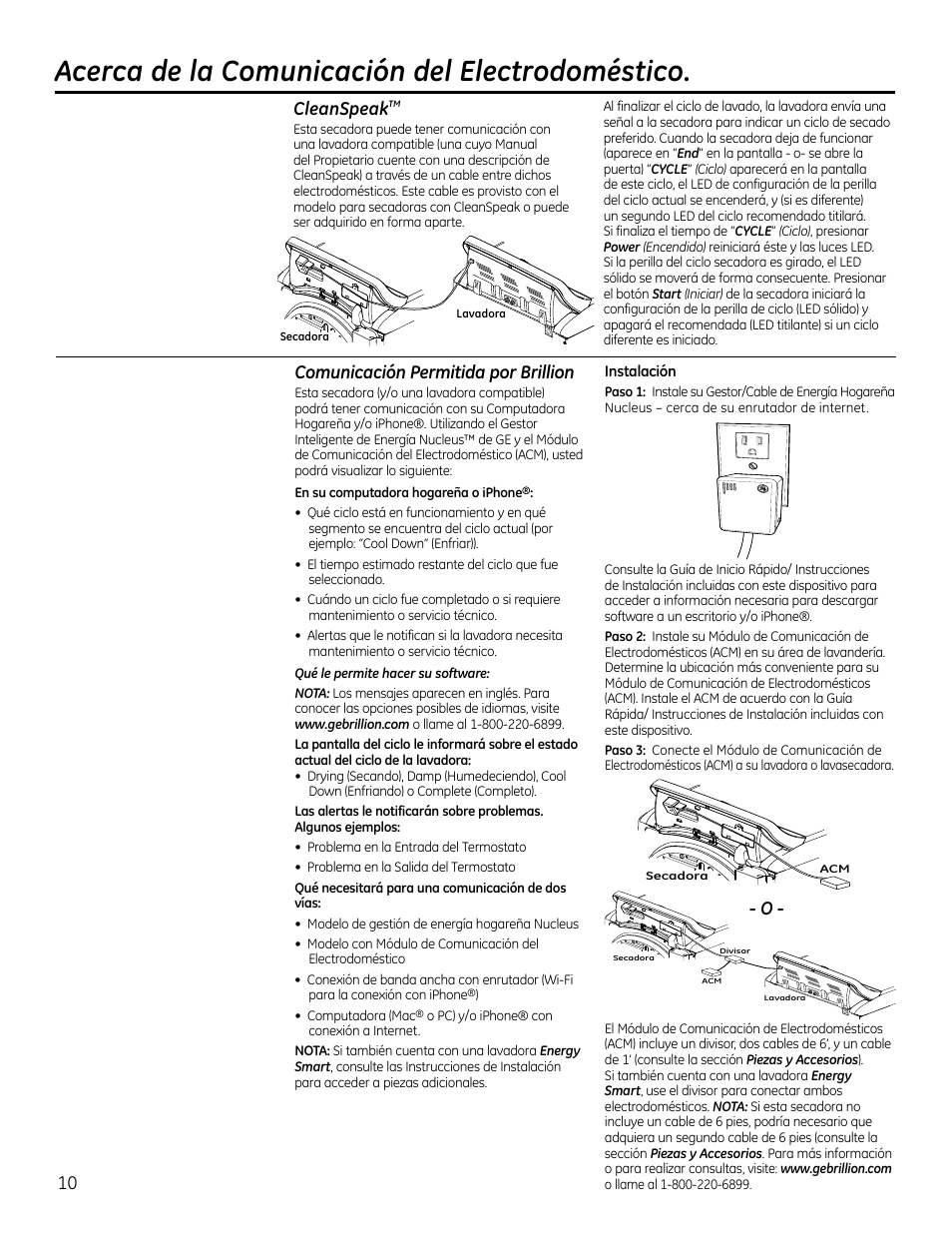 Acerca de la comunicación del electrodoméstico, Cleanspeak, 10 comunicación permitida por brillion | GE GTDS825GDMC User Manual | Page 28 / 36