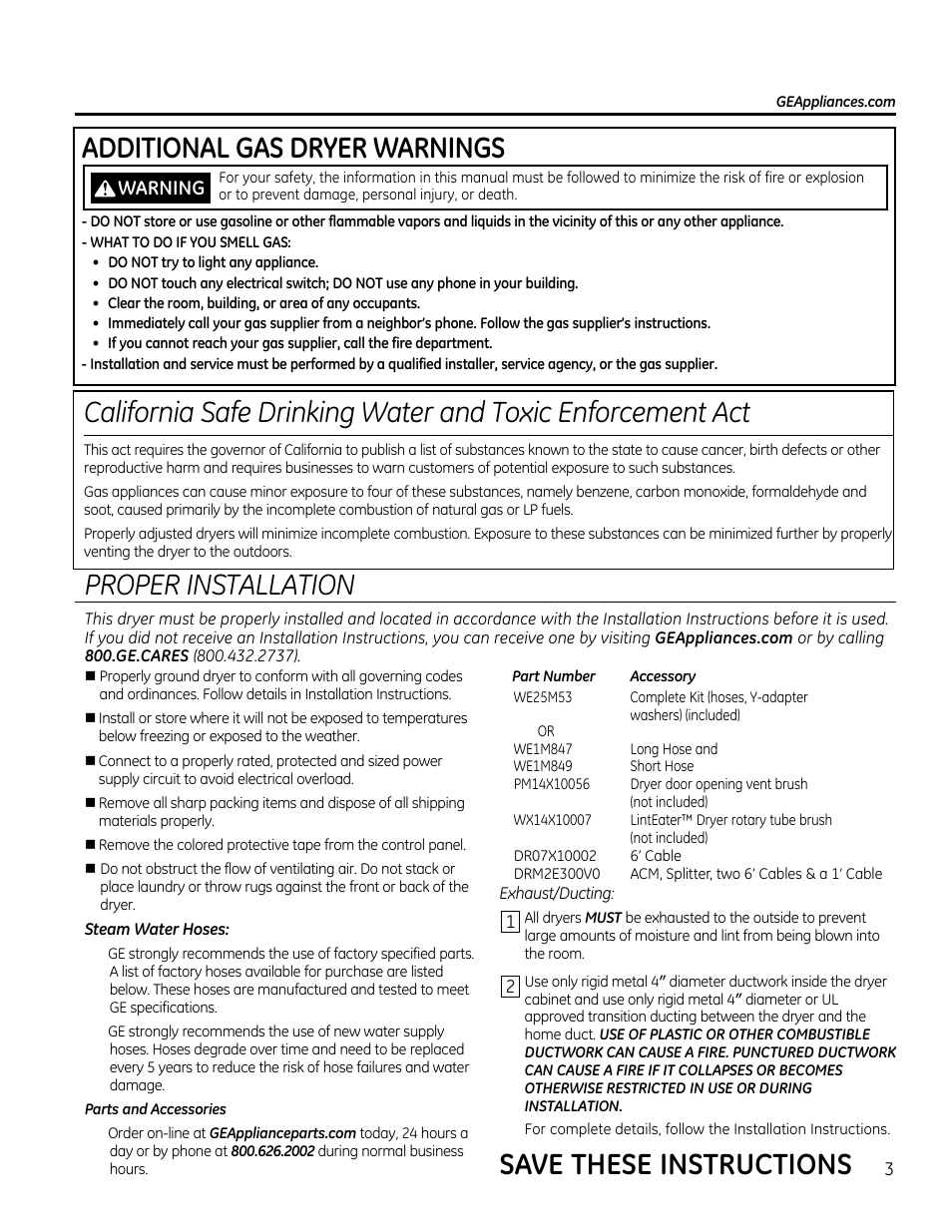 Additional gas dryer warnings, Proper installation, Save these instructions | GE GTDS825GDMC User Manual | Page 3 / 36