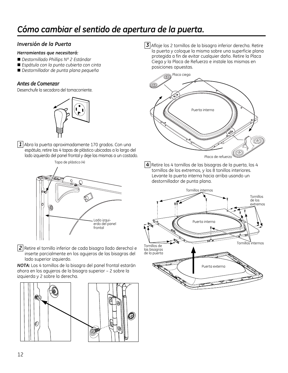 Cómo cambiar el sentido de apertura de la puerta | GE GTDS825GDMC User Manual | Page 30 / 36