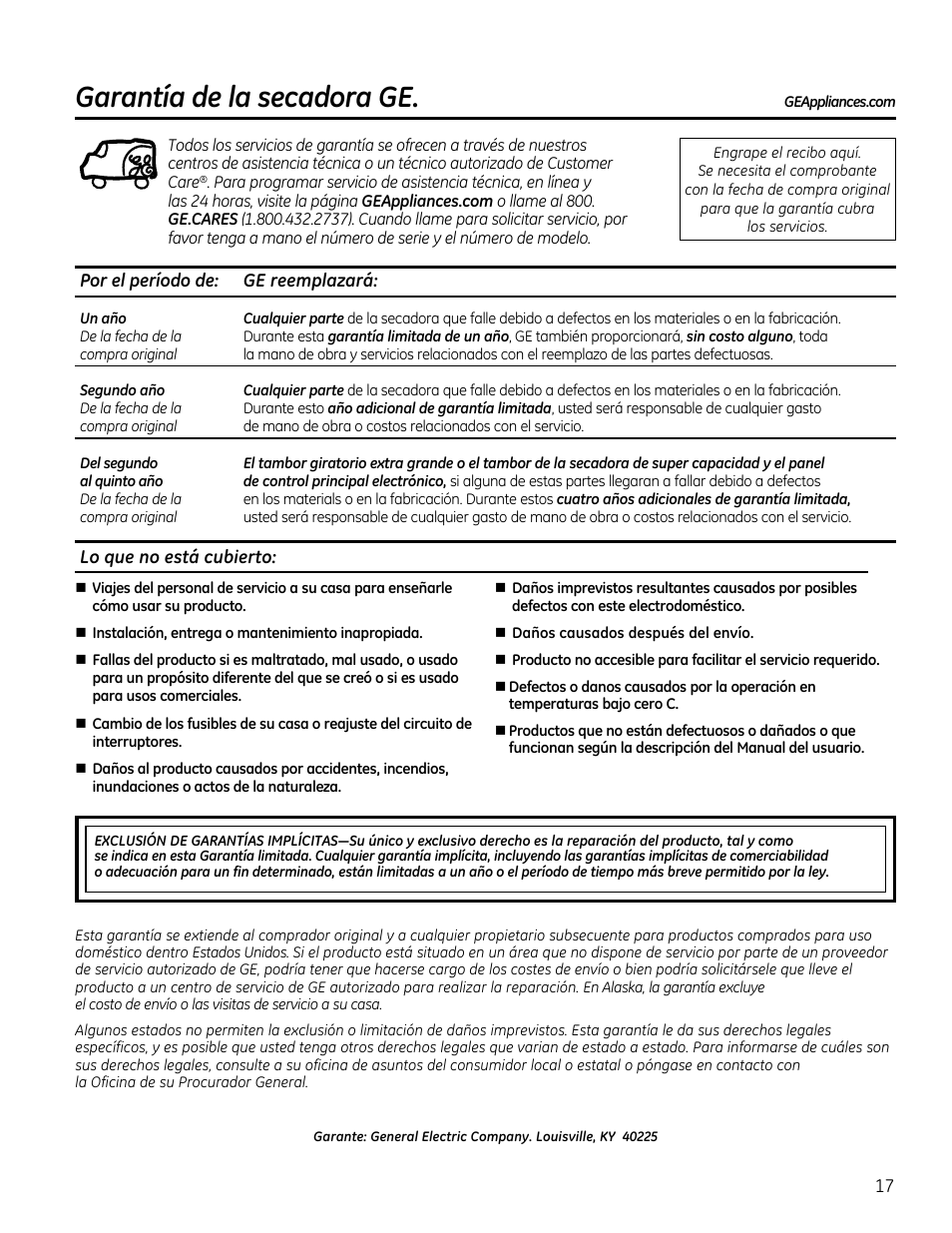 Garantía de la secadora ge | GE GTDS825GDMC User Manual | Page 35 / 36