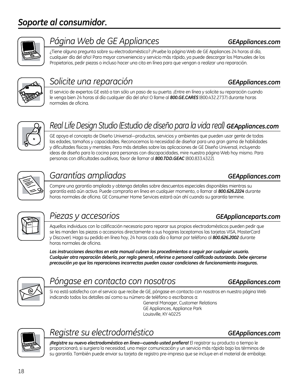 Soporte al consumidor. garantías ampliadas, Piezas y accesorios, Página web de ge appliances | Solicite una reparación, Póngase en contacto con nosotros, Registre su electrodoméstico | GE GTDS825GDMC User Manual | Page 36 / 36