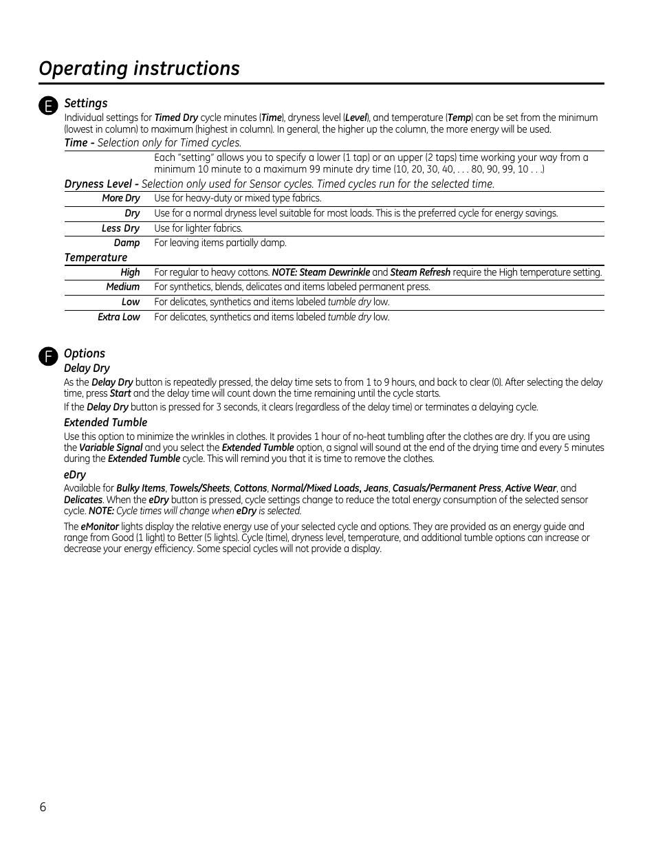 Operating instructions | GE GTDS825GDMC User Manual | Page 6 / 36