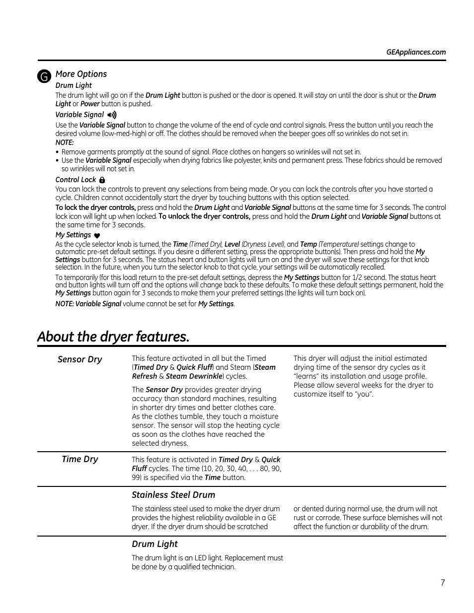 About the dryer features | GE GTDS825GDMC User Manual | Page 7 / 36