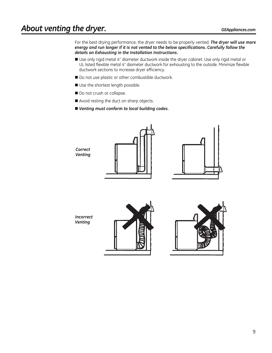 About venting the dryer | GE GTDS825GDMC User Manual | Page 9 / 36