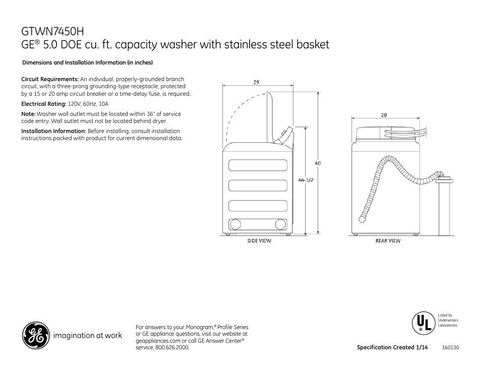 GE GTWN7450HWW User Manual | 2 pages