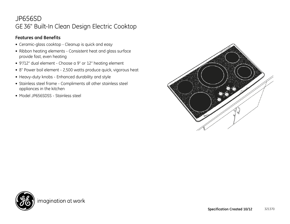 Jp656sd, 36" built-in clean design electric cooktop | GE JP656SDSS User Manual | Page 2 / 2