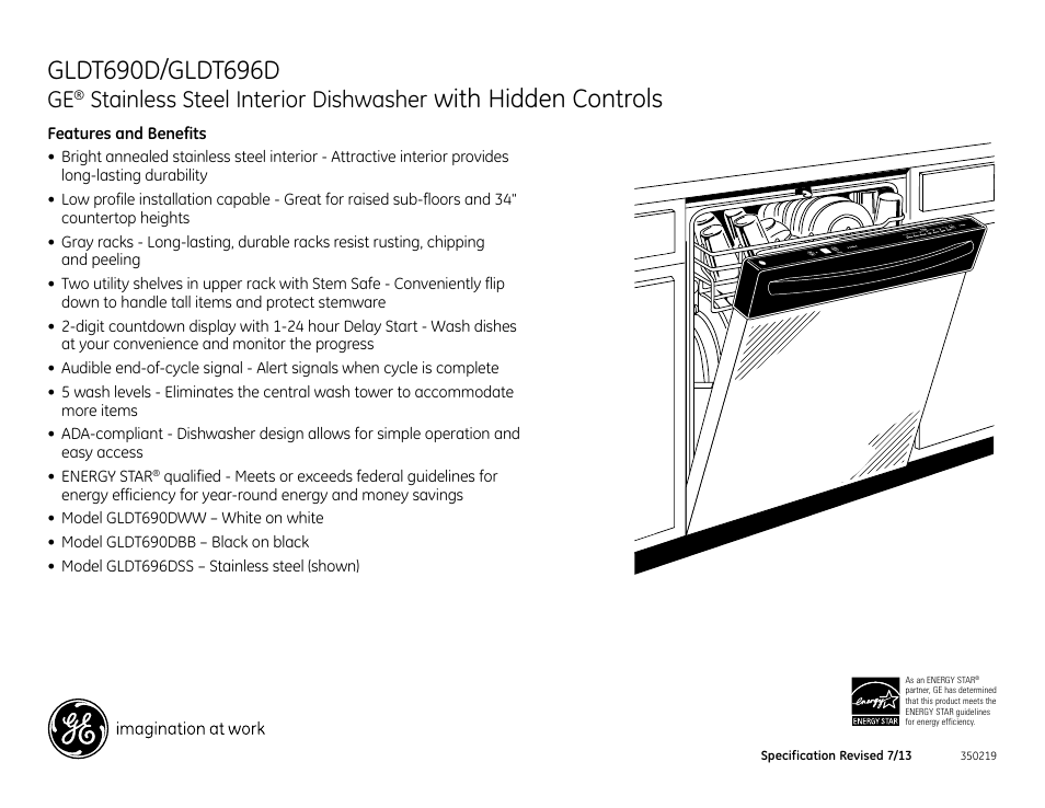 With hidden controls, Stainless steel interior dishwasher, Gldt696tss | GE GLDT690DWW User Manual | Page 2 / 2