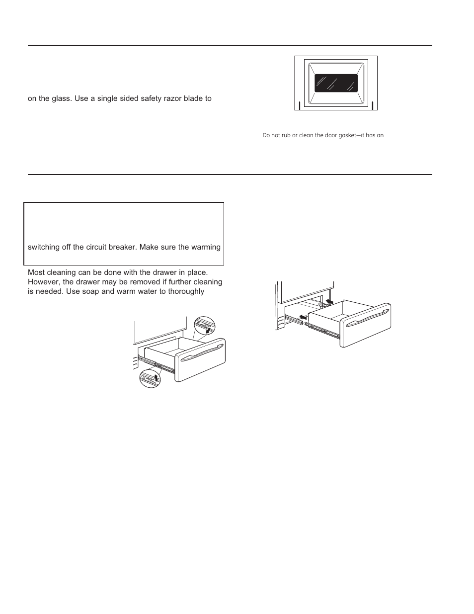 Care and cle aning: cleaning the door and draw er, Cleaning the door and drawer | GE P2B940DEFWW User Manual | Page 27 / 64