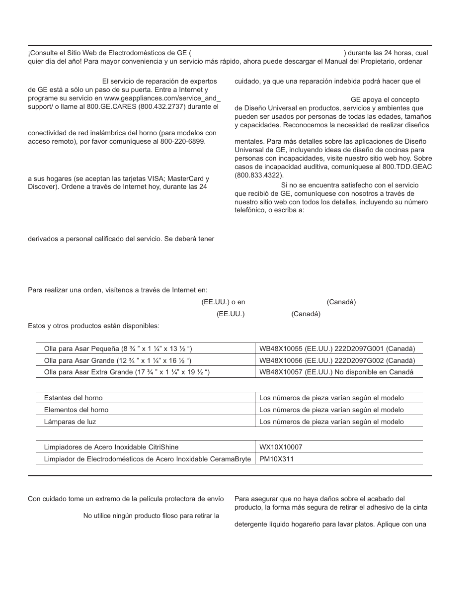 Asistencia / a c cesorios, Accesorios | GE P2B940DEFWW User Manual | Page 41 / 64