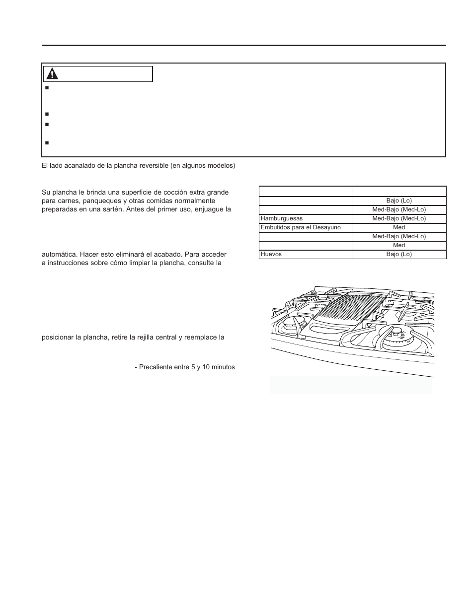 Plancha, Advertencia | GE P2B940DEFWW User Manual | Page 44 / 64