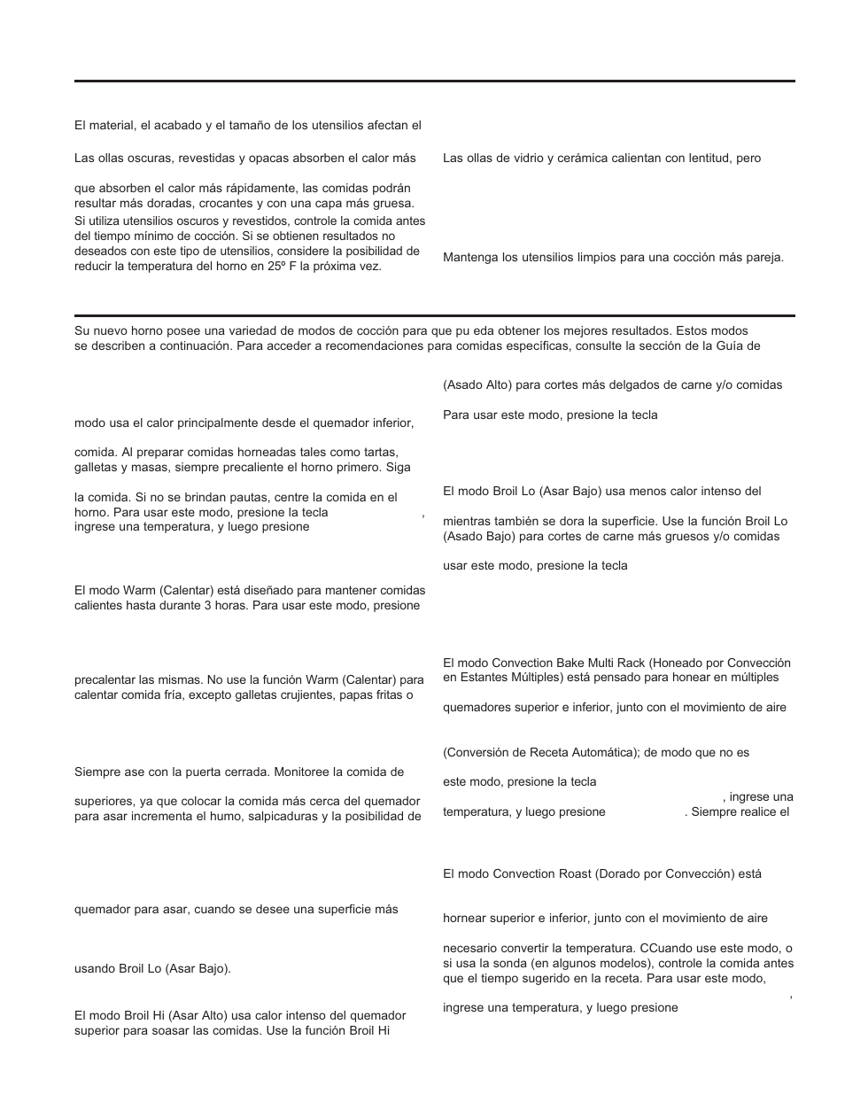 Uso del horno, Modos de cocción, Utensilios / modos de cocción utensilios | GE P2B940DEFWW User Manual | Page 50 / 64