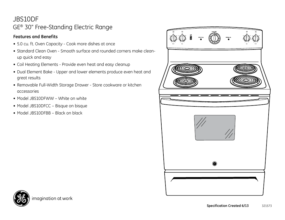 Jbs10df, 30" free-standing electric range | GE JBS10DFCC User Manual | Page 2 / 2