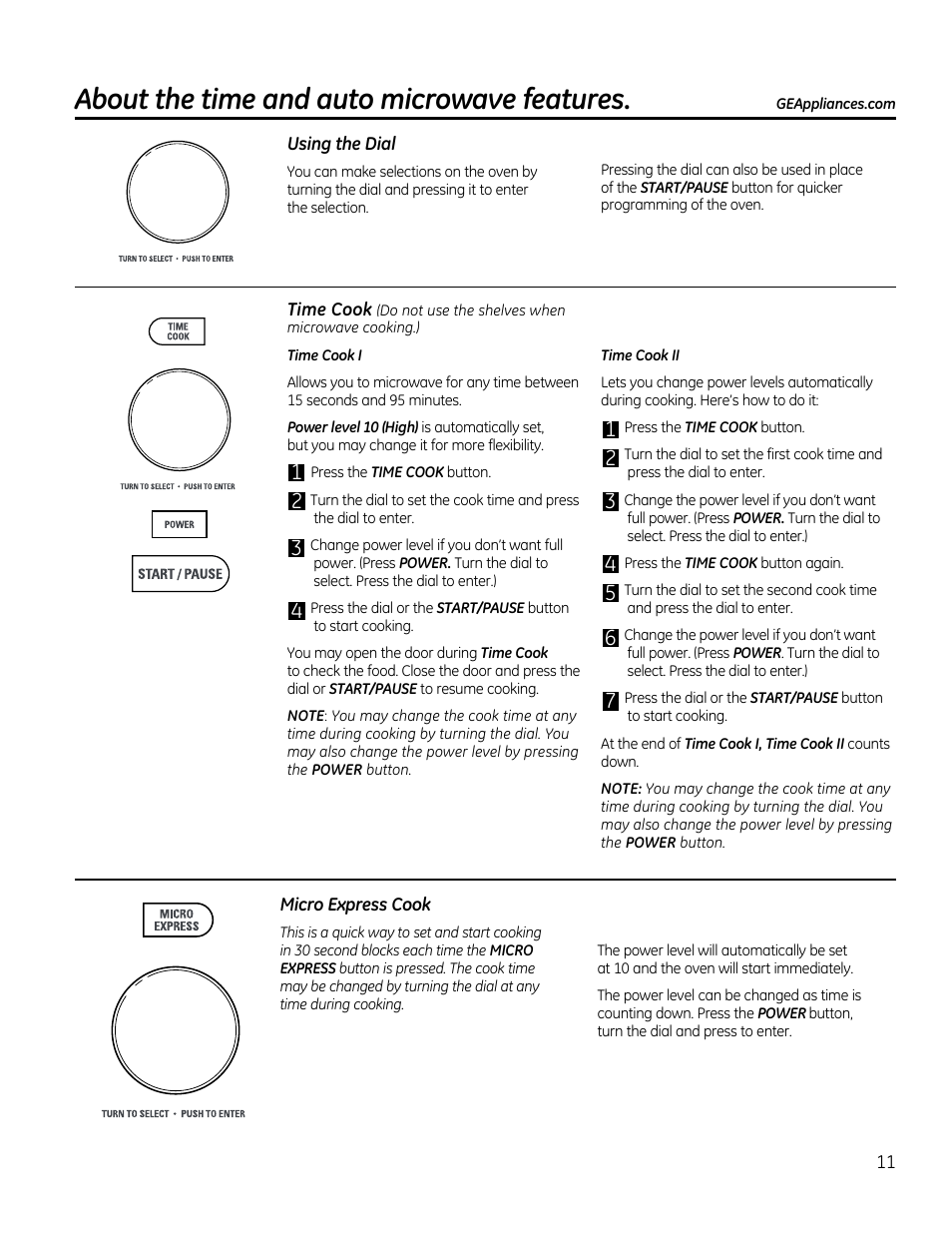 Using the dial, Micro express cook, About the time and auto microwave features | GE CVM1790SSSS User Manual | Page 11 / 76
