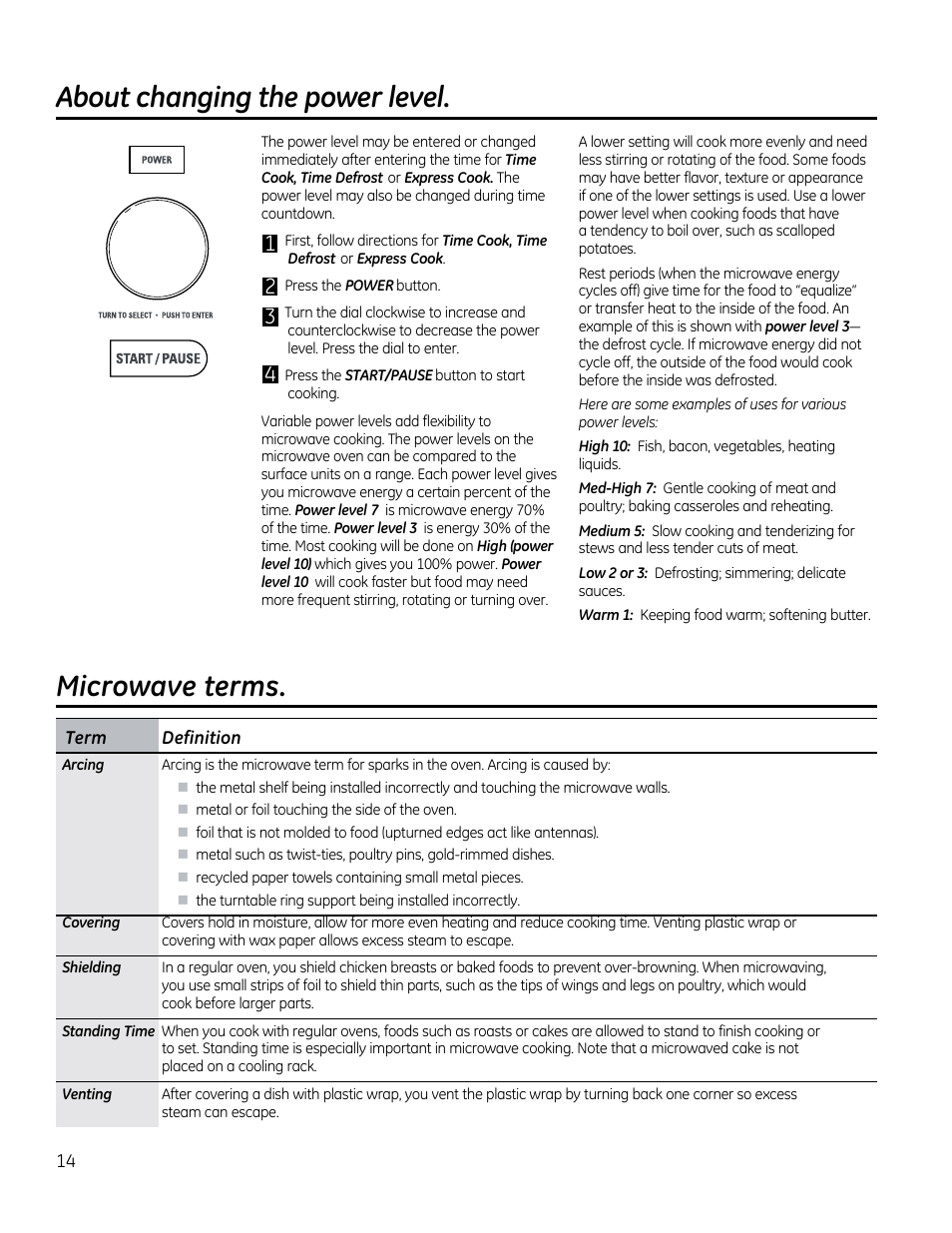 About changing the power level, Microwave terms, Definition | GE CVM1790SSSS User Manual | Page 14 / 76