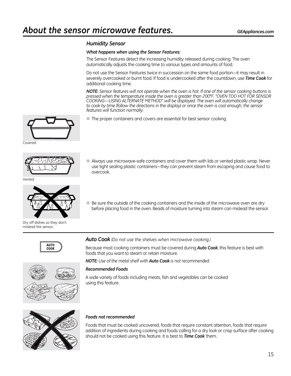 Humidity sensor, About the sensor microwave features | GE CVM1790SSSS User Manual | Page 15 / 76