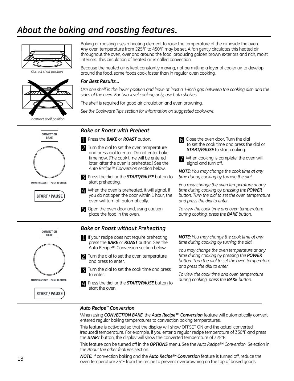 Bake or roast with preheat, Bake or roast without preheating, About the baking and roasting features | GE CVM1790SSSS User Manual | Page 18 / 76