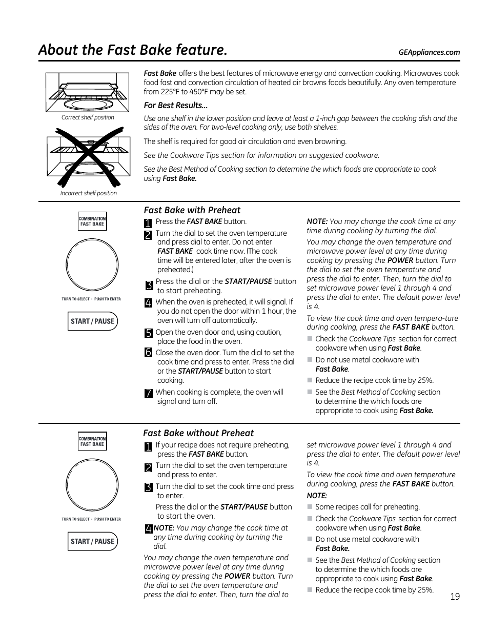 Fast bake with preheat, Fast bake without preheat, About the fast bake feature | For best results | GE CVM1790SSSS User Manual | Page 19 / 76