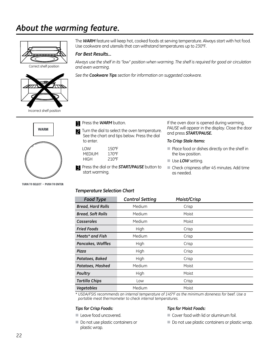 About the warming feature | GE CVM1790SSSS User Manual | Page 22 / 76