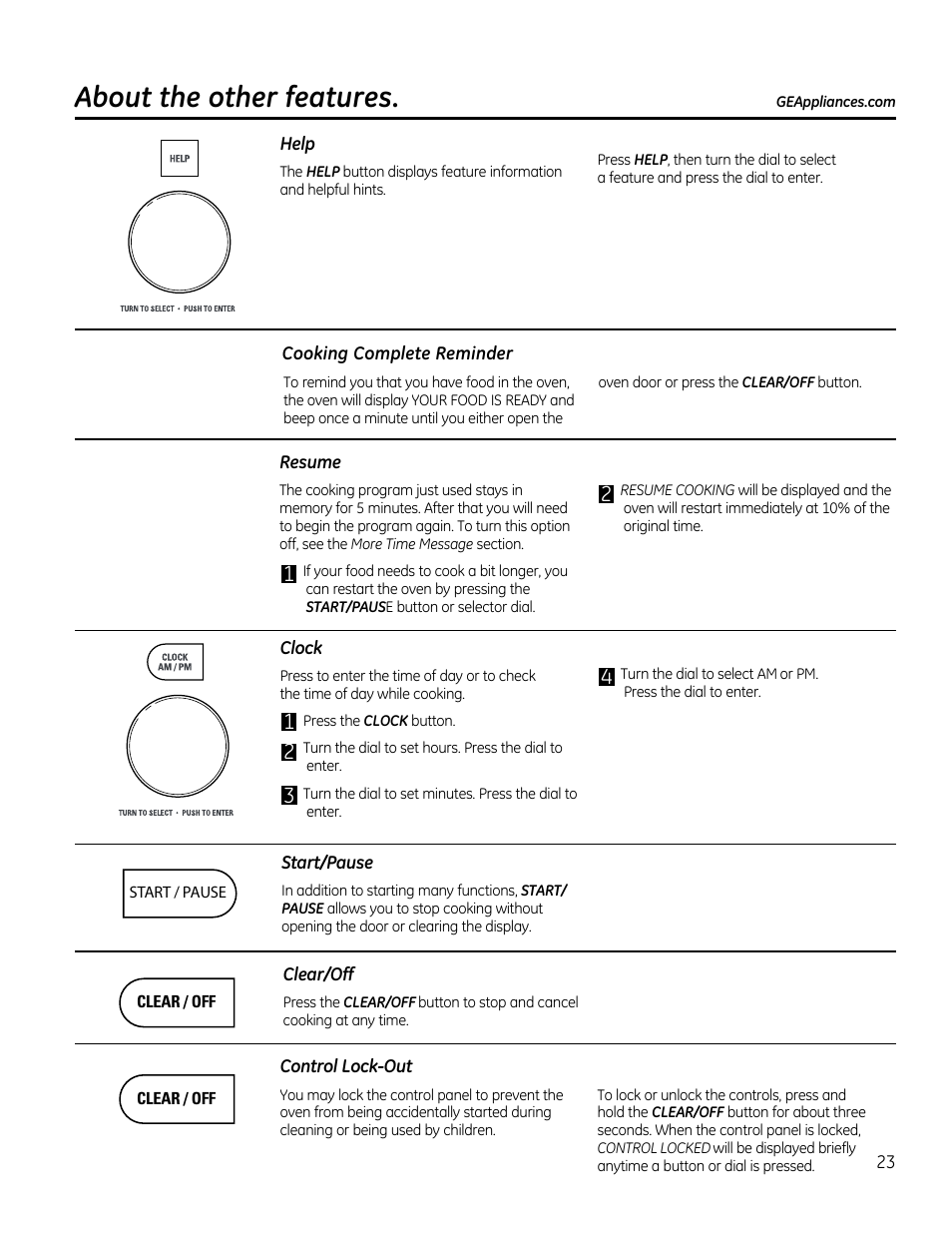 Help, Cooking complete reminder, Resume | Clock, Start/pause, Clear/off, Control lock-out, About the other features | GE CVM1790SSSS User Manual | Page 23 / 76