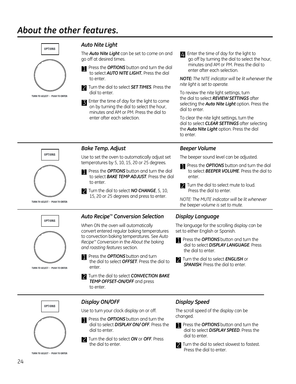 Auto nite light, Bake temp. adjust, Beeper volume | Display on/off, Display speed, About the other features | GE CVM1790SSSS User Manual | Page 24 / 76