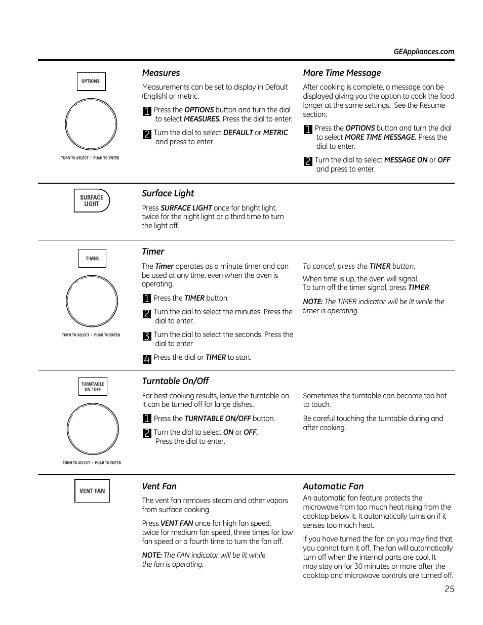 Measures, More time message, Surface light | Timer, Turntable on/off, Vent fan, Automatic fan | GE CVM1790SSSS User Manual | Page 25 / 76