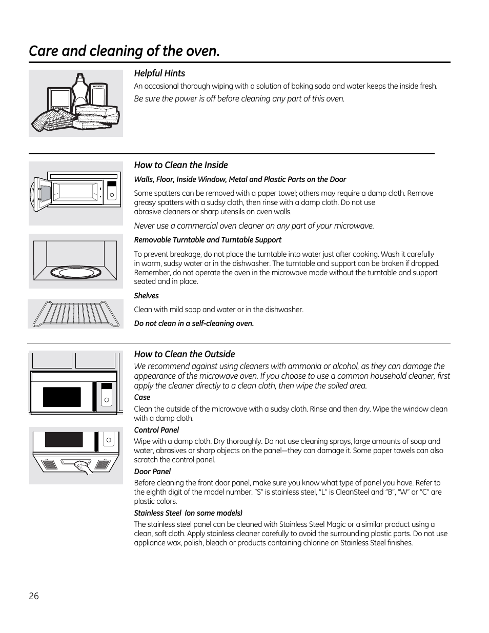Care and cleaning of the oven, Helpful hints, How to clean the inside | How to clean the outside | GE CVM1790SSSS User Manual | Page 26 / 76