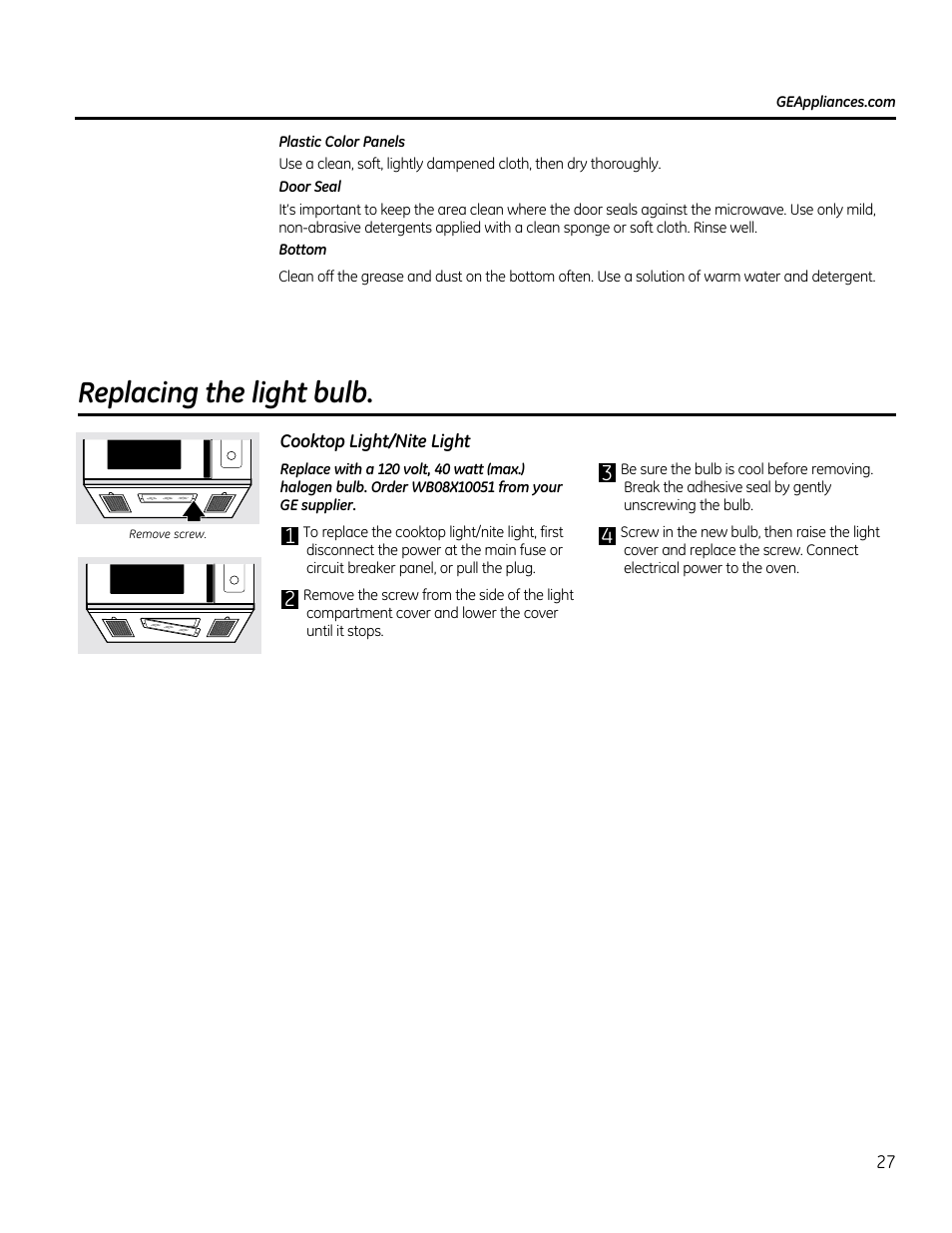 Replacing the light bulb, Cooktop light/nite light | GE CVM1790SSSS User Manual | Page 27 / 76