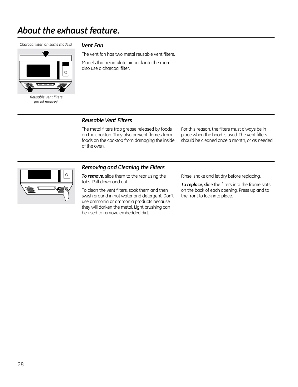 Vent fan, Reusable vent filters, Removing and cleaning the filters | About the exhaust feature | GE CVM1790SSSS User Manual | Page 28 / 76