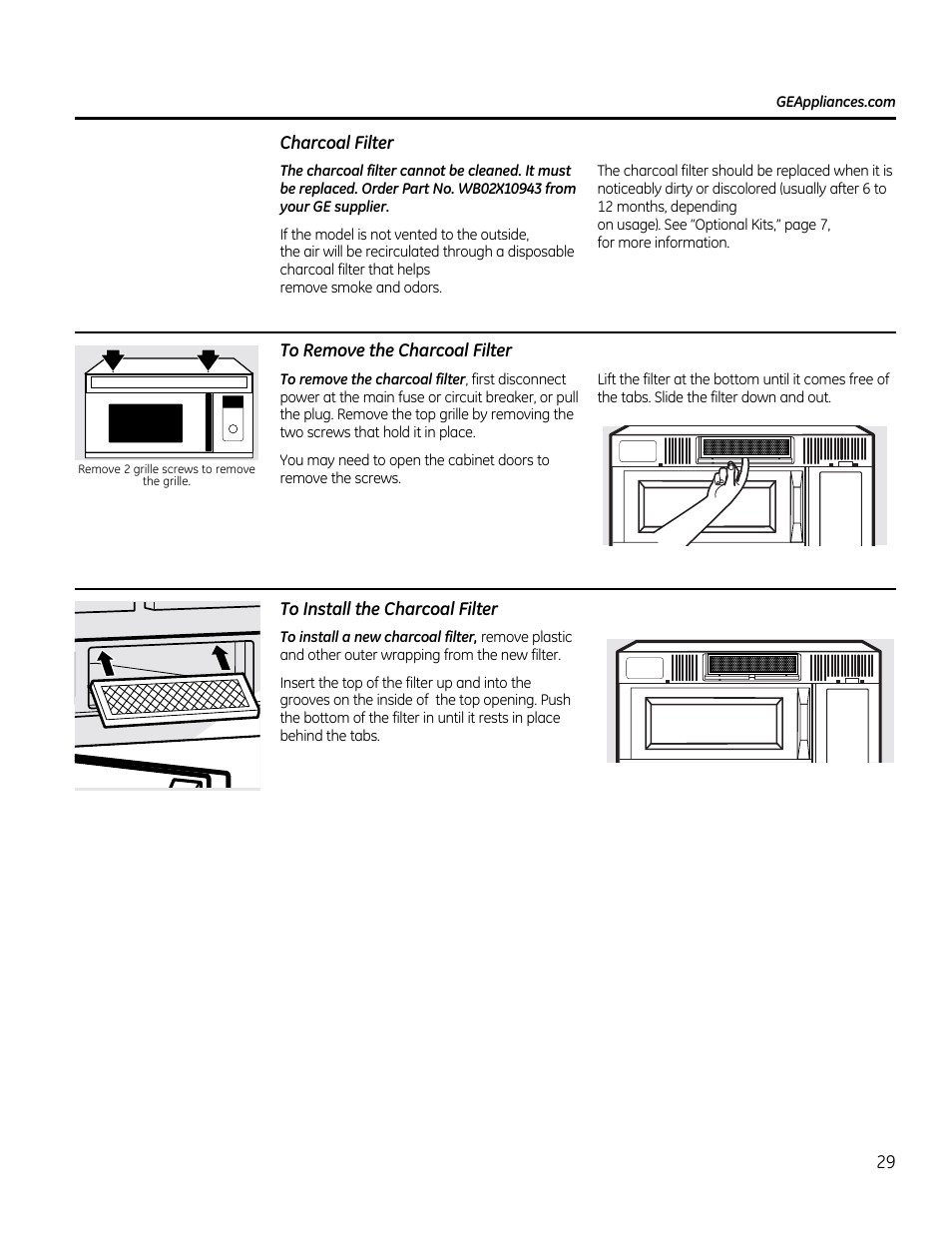 Charcoal filter, To remove the charcoal filter, To install the charcoal filter | GE CVM1790SSSS User Manual | Page 29 / 76