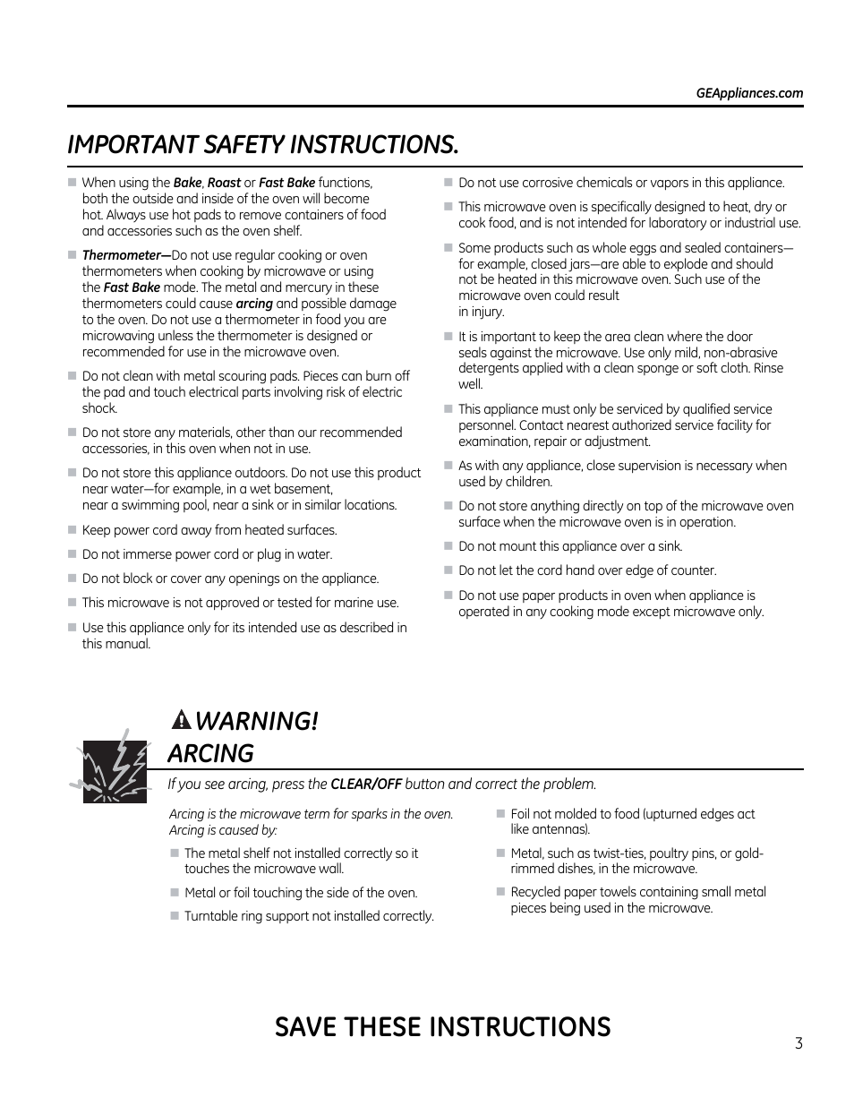 Important safety instructions, A warning! arcing, Save these instructions | GE CVM1790SSSS User Manual | Page 3 / 76