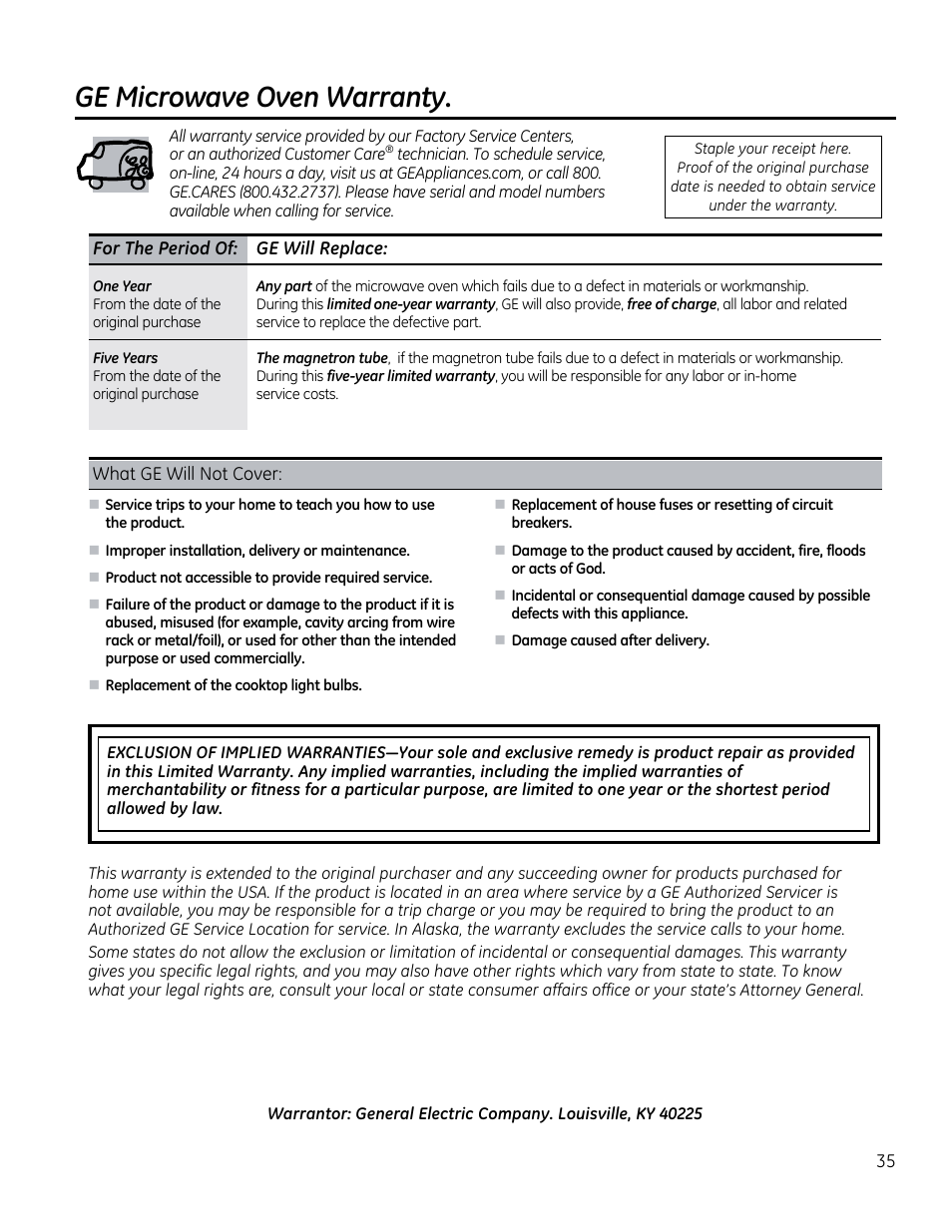 Ge microwave oven warranty | GE CVM1790SSSS User Manual | Page 35 / 76
