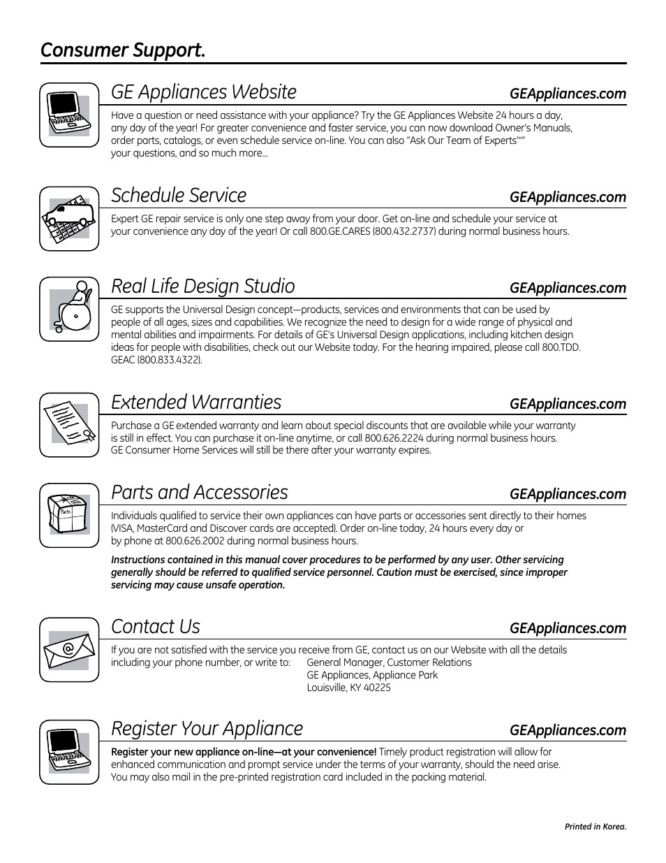 Consumer support, Ge appliances website, Schedule service | Real life design studio, Extended warranties, Parts and accessories, Contact us, Register your appliance | GE CVM1790SSSS User Manual | Page 36 / 76