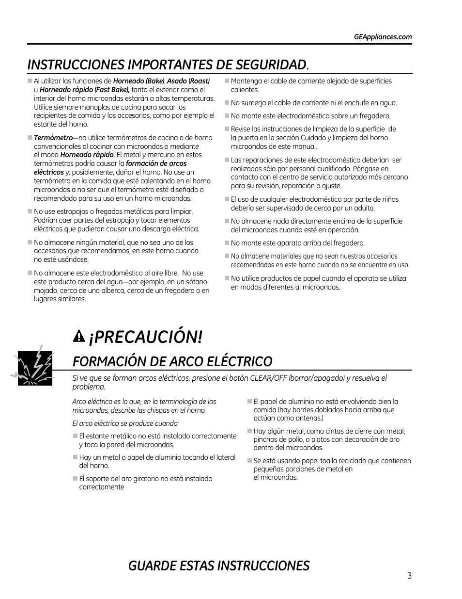 Instrucciones importantes de seguridad, Formación de arco eléctrico, Precaución | Guarde estas instrucciones | GE CVM1790SSSS User Manual | Page 39 / 76