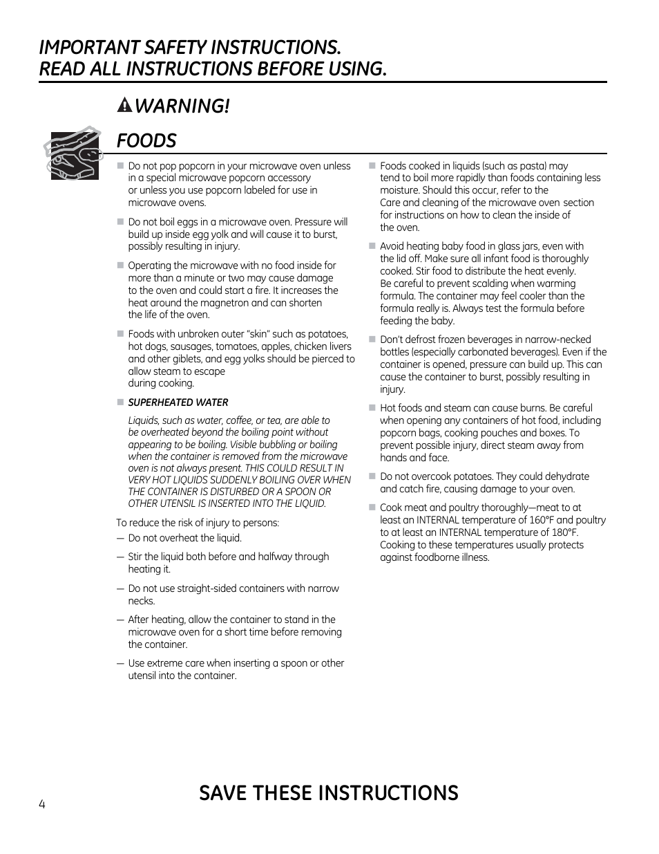Awarningi, Foods, Save these instructions | Awarningi foods | GE CVM1790SSSS User Manual | Page 4 / 76