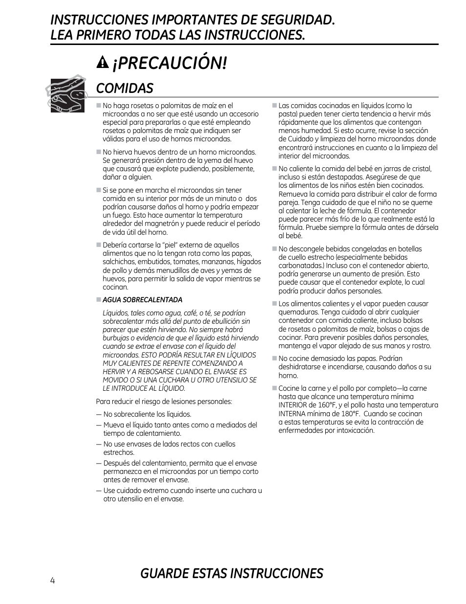 Comidas, Precaucion, Guarde estas instrucciones | GE CVM1790SSSS User Manual | Page 40 / 76