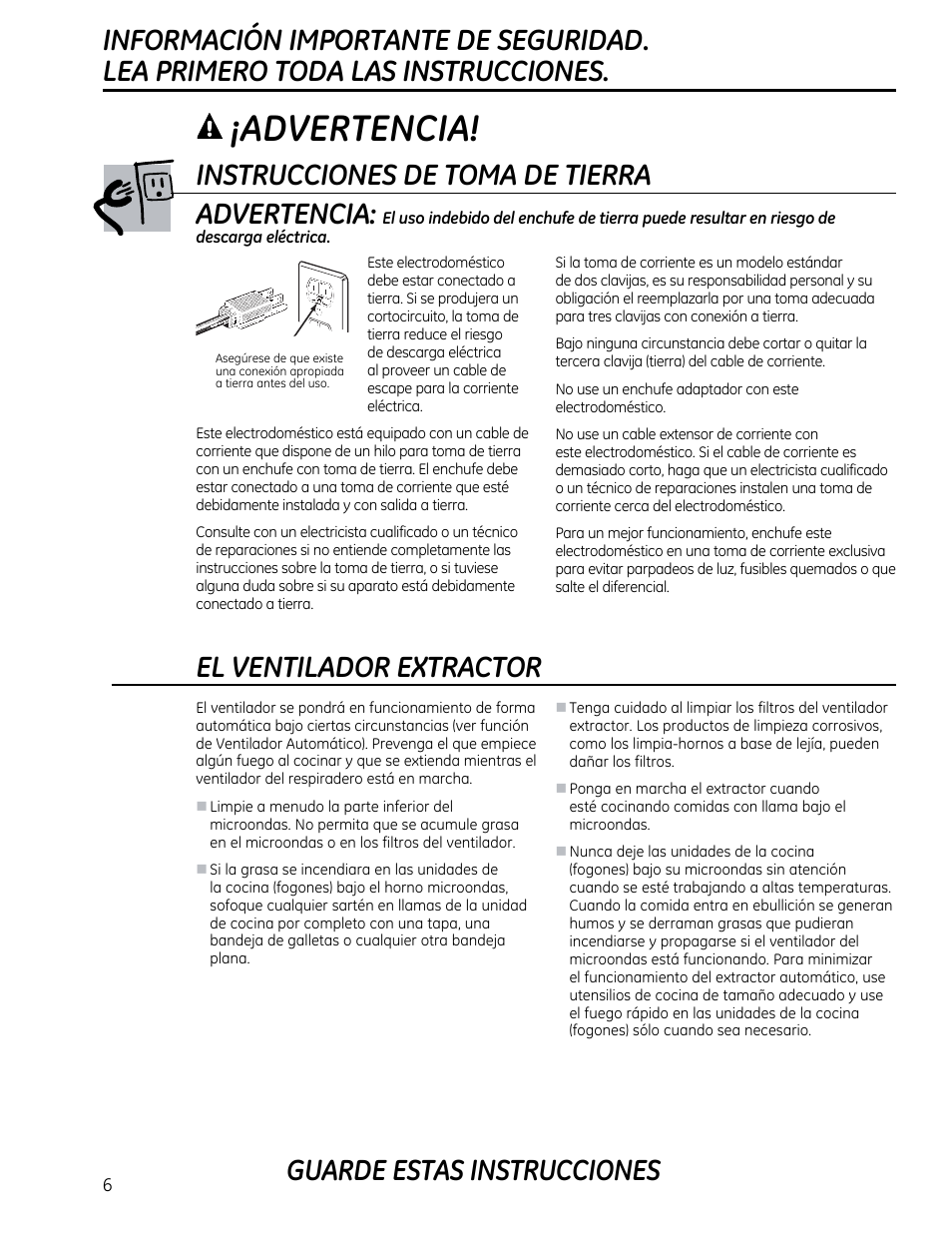 Instrucciones de toma de tierra, El ventilador extractor, Instrucciones de toma de tierra advertencia | A ¡advertencia, Guarde estas instrucciones | GE CVM1790SSSS User Manual | Page 42 / 76