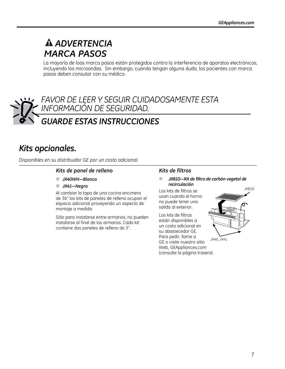 O \ guarde estas instrucciones, Kits de panel de relleno, Kits de filtros | A advertencia marca pasos, O \ guarde estas instrucciones kits opcionales | GE CVM1790SSSS User Manual | Page 43 / 76
