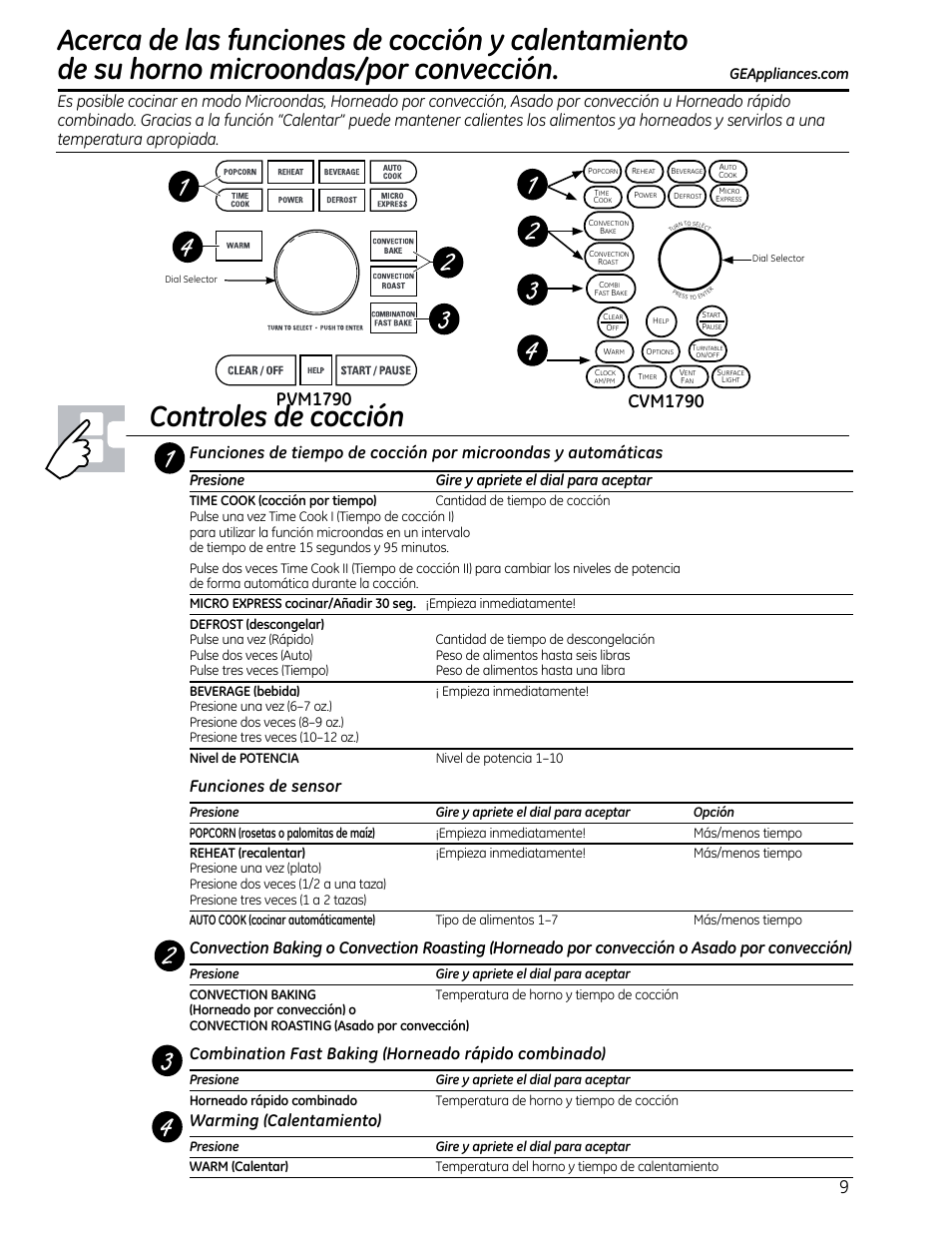 Controles de cocción, Opciones de cocción , 11 | GE CVM1790SSSS User Manual | Page 45 / 76