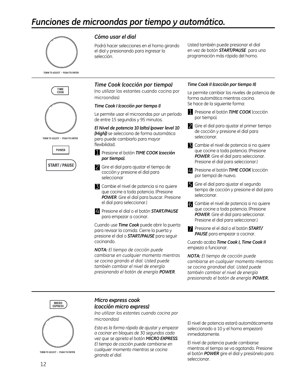 Funciones de microondas por tiempo y automático, Cómo usar el dial, Time cook (cocción por tiempo) | Micro express cook (cocción micro express) | GE CVM1790SSSS User Manual | Page 48 / 76