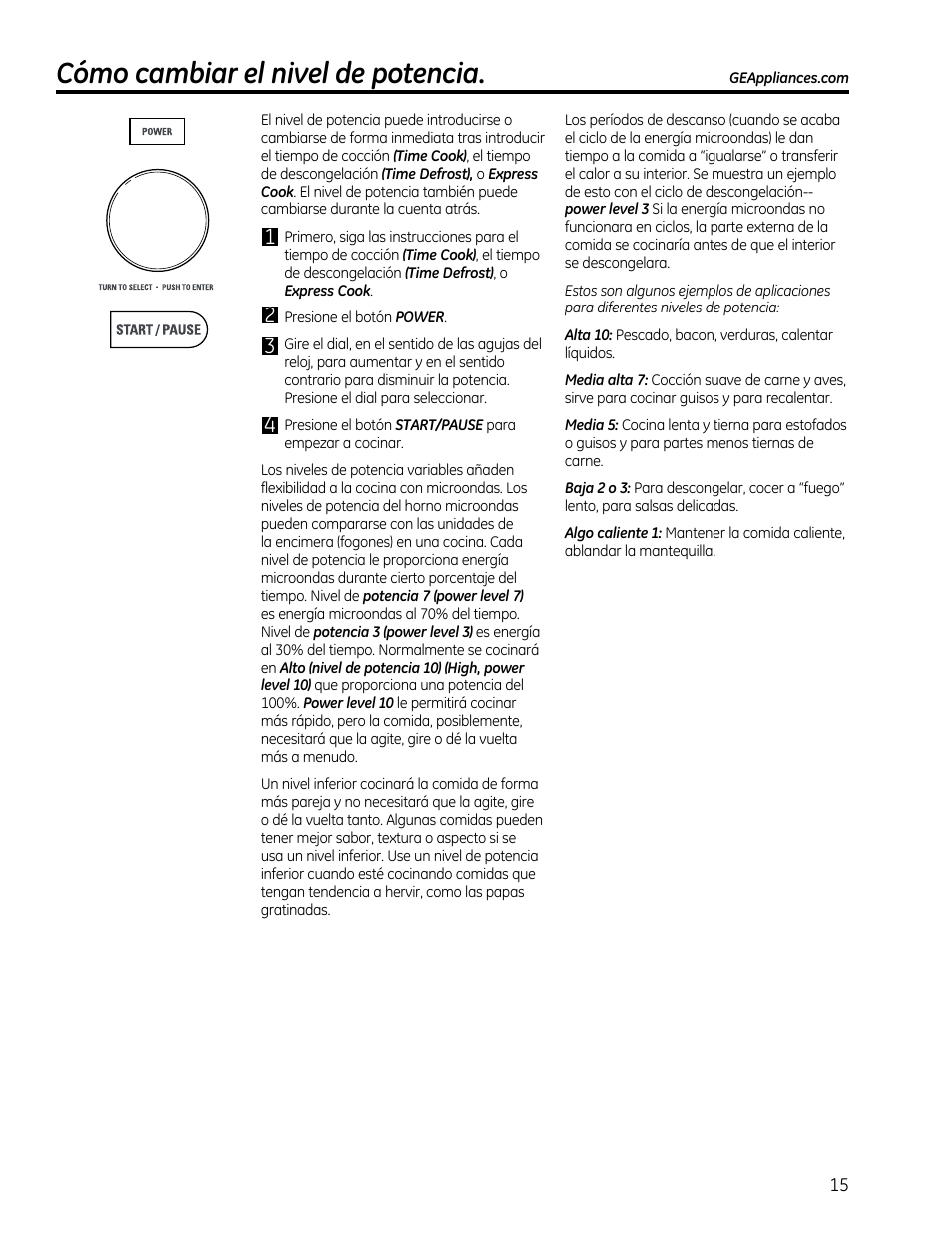 Cómo cambiar el nivel de potencia | GE CVM1790SSSS User Manual | Page 51 / 76