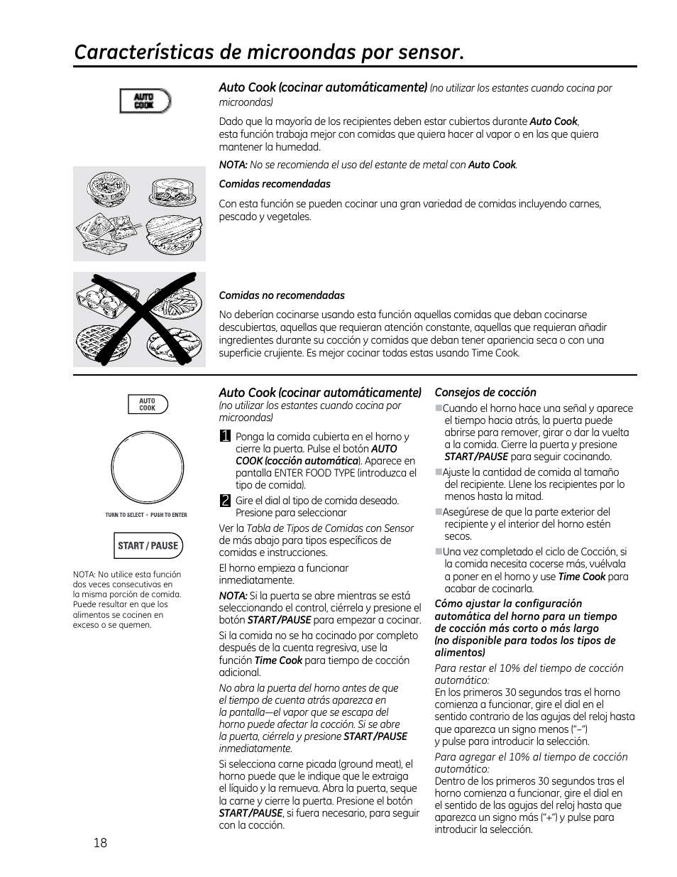 Auto cook (cocinar automáticamente), Características de microondas por sensor | GE CVM1790SSSS User Manual | Page 54 / 76