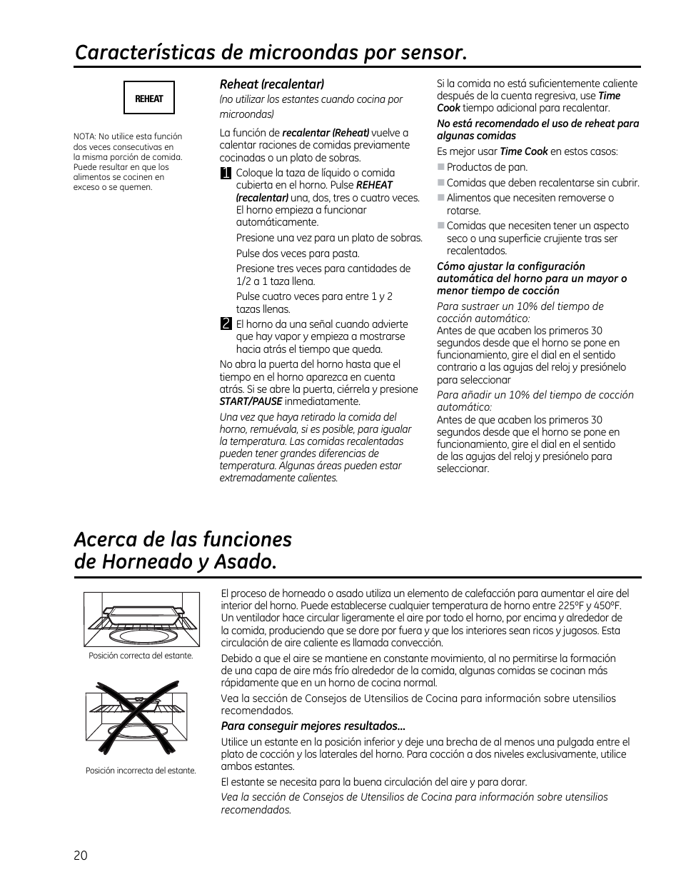 Reheat (recalentar), Acerca de las funciones de horneado y asado, Características de microondas por sensor | GE CVM1790SSSS User Manual | Page 56 / 76