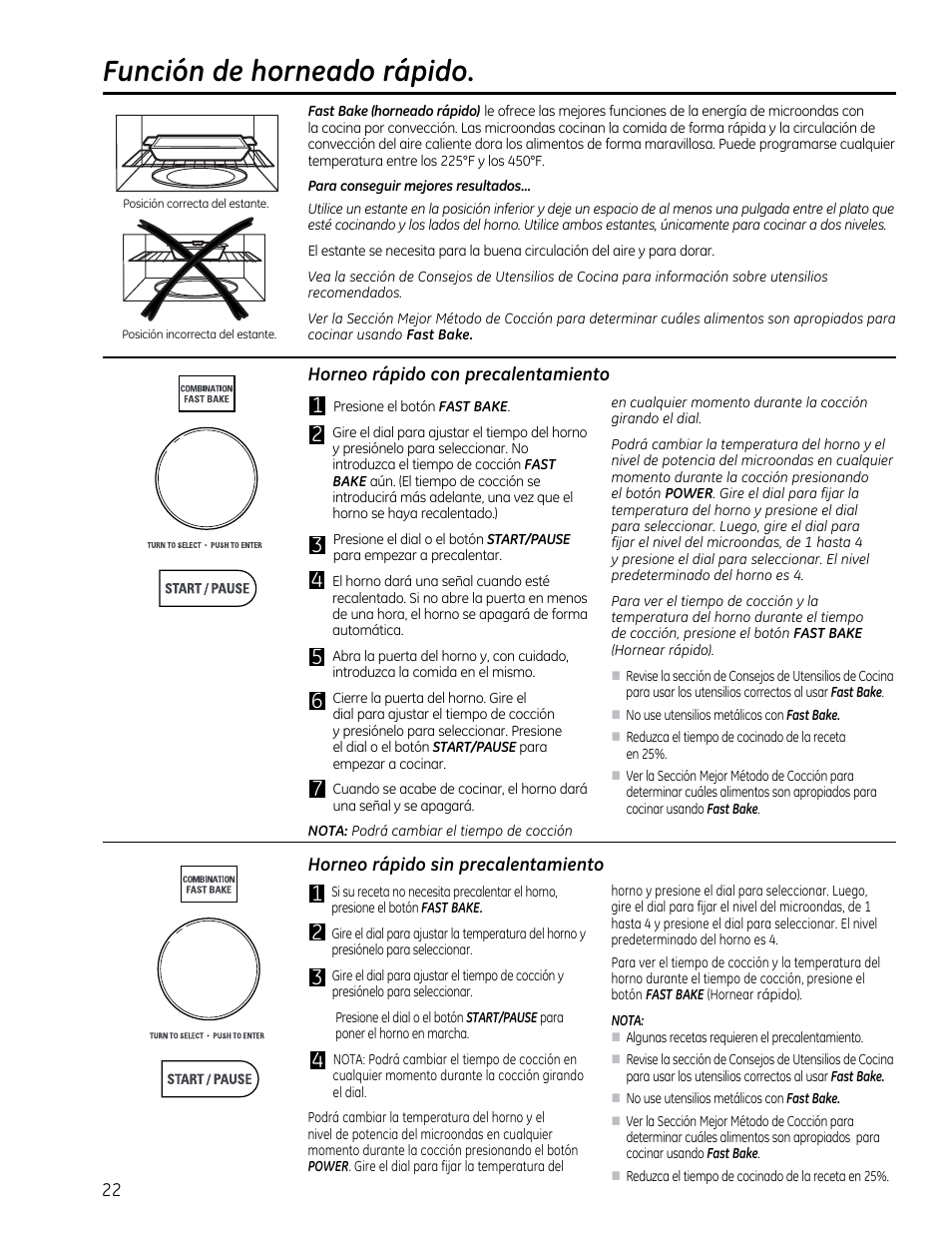 Función de horneado rápido, Horneo rápido con precalentamiento, Horneo rápido sin precalentamiento | GE CVM1790SSSS User Manual | Page 58 / 76
