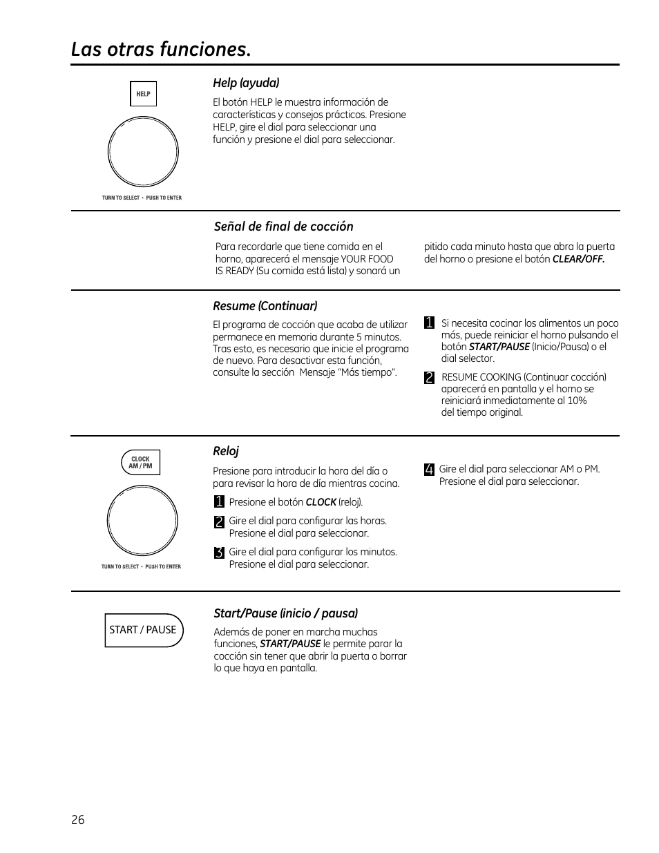 Las otras fundones, Help (ayuda), Señal de final de cocción | Resume (continuar), Reloj, Start/pause (inicio / pausa), Otras funciones -29 | GE CVM1790SSSS User Manual | Page 62 / 76